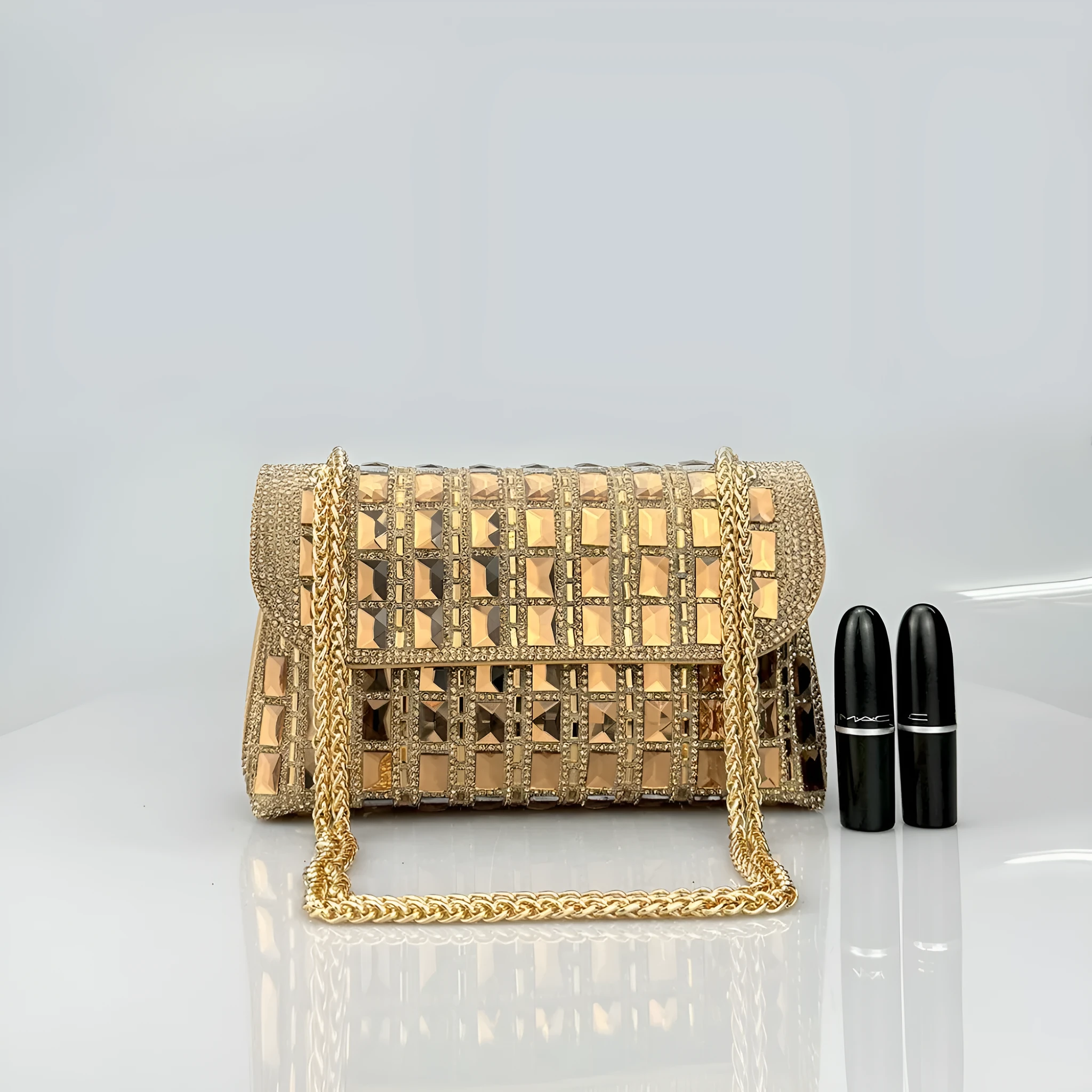 Shiny glass rhinestone chain clutch bag with dedicated phone compartment in retro style