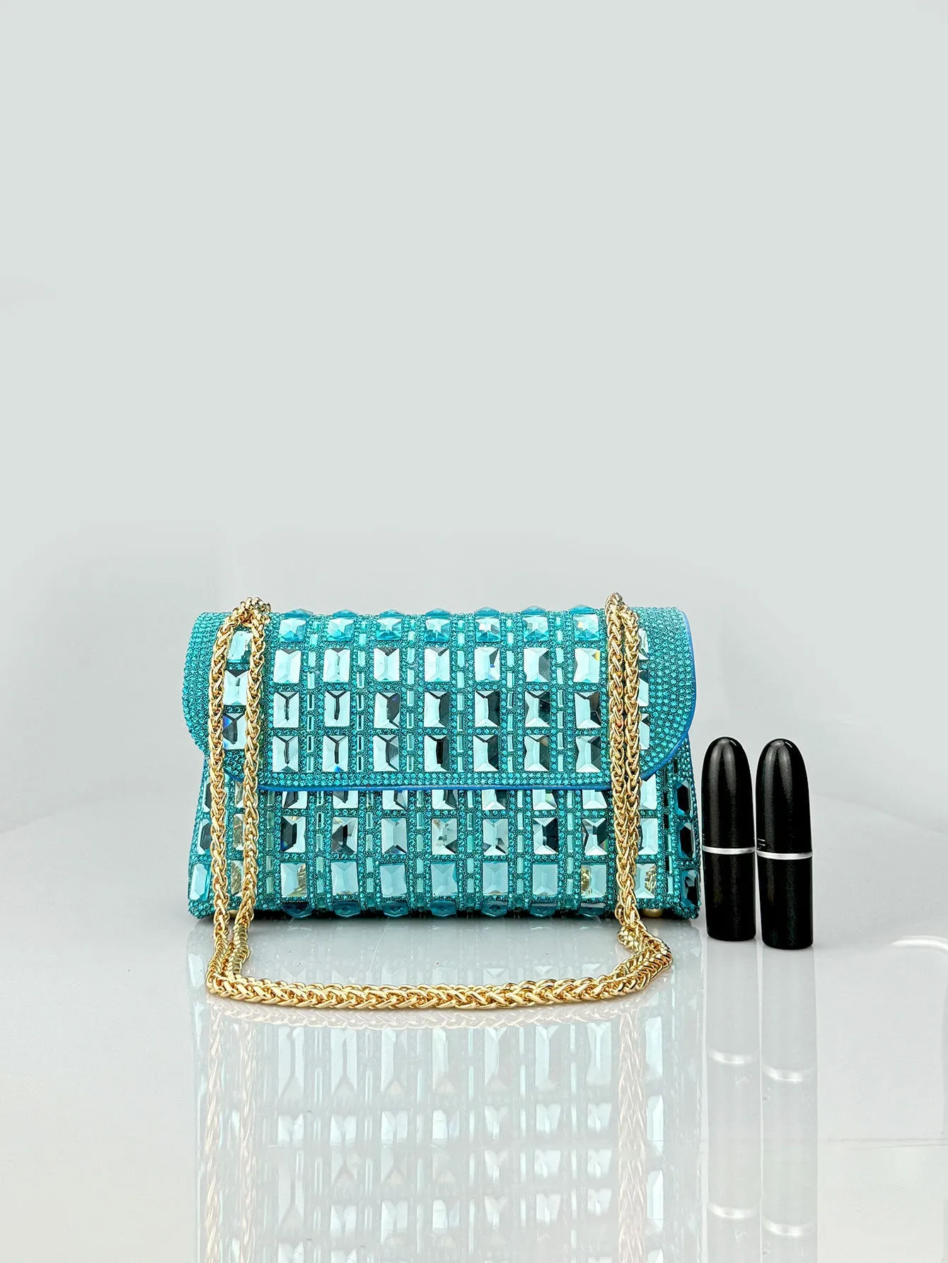 Shiny glass rhinestone chain clutch bag with dedicated phone compartment in retro style