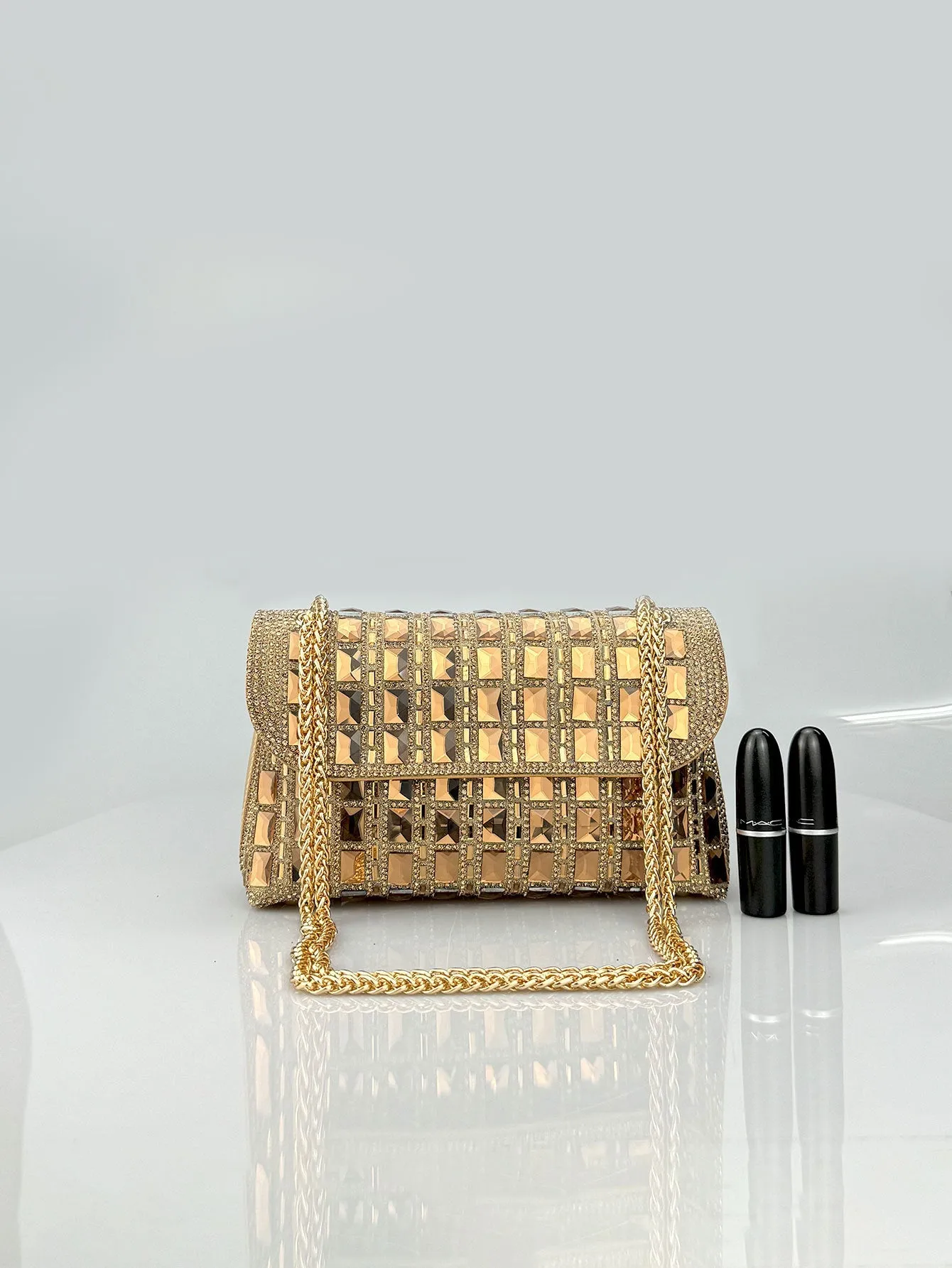 Shiny glass rhinestone chain clutch bag with dedicated phone compartment in retro style