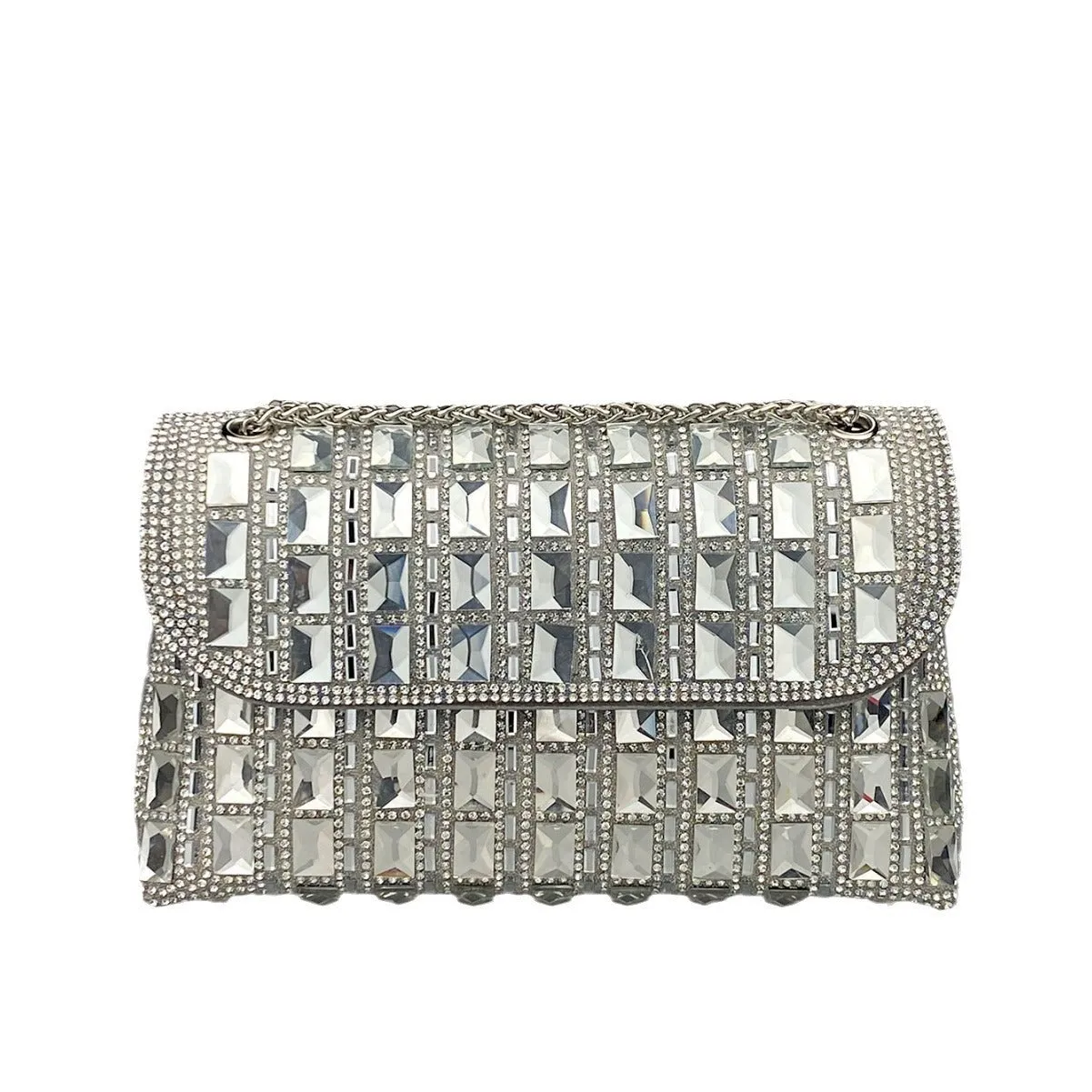 Shiny glass rhinestone chain clutch bag with dedicated phone compartment in retro style