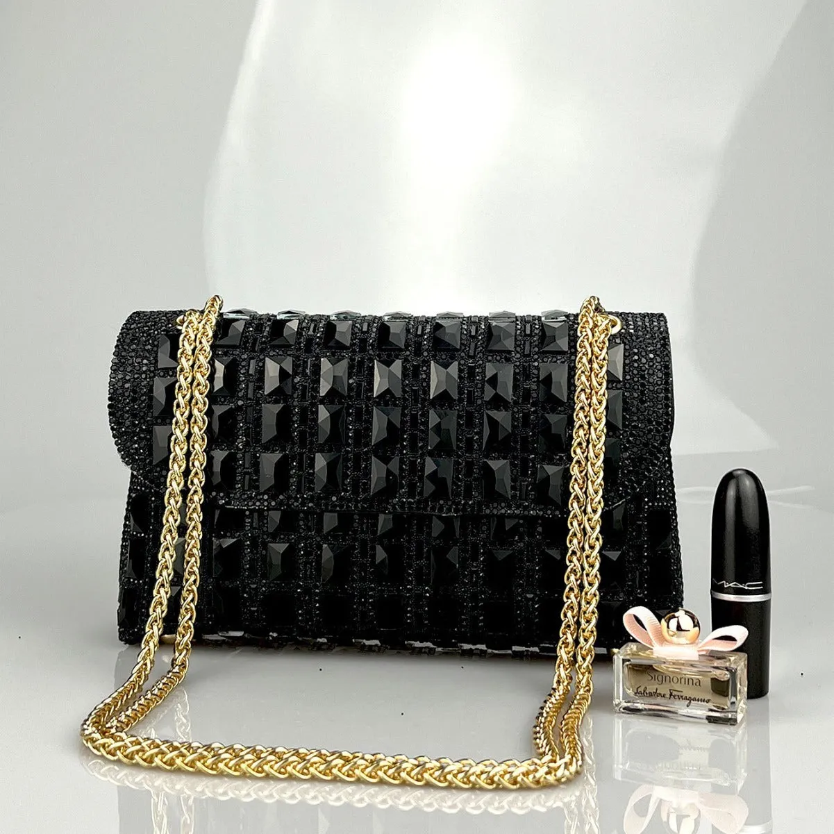 Shiny glass rhinestone chain clutch bag with dedicated phone compartment in retro style