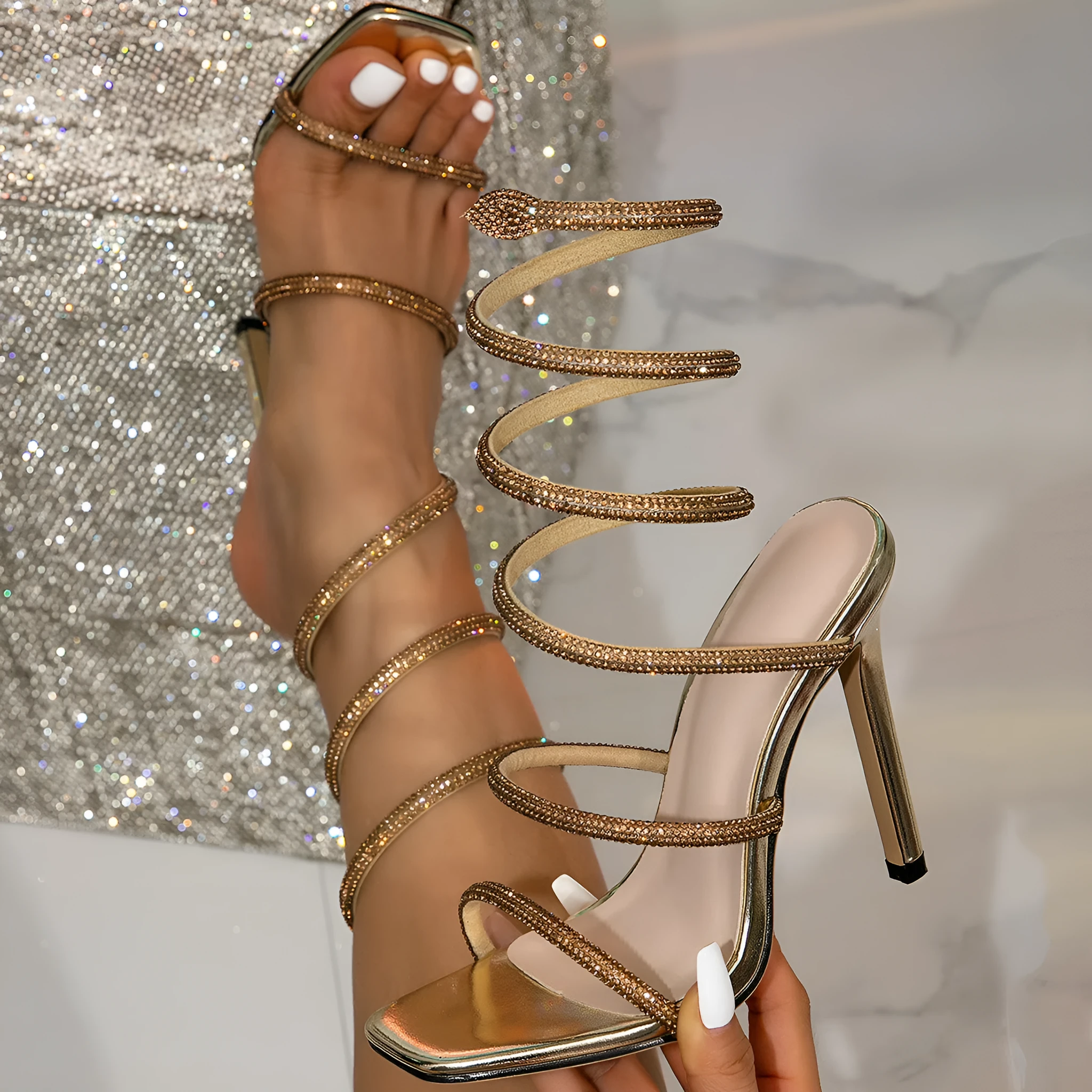 Fashion snake-wrapped crystal high heels with ultra high heel in multiple colours