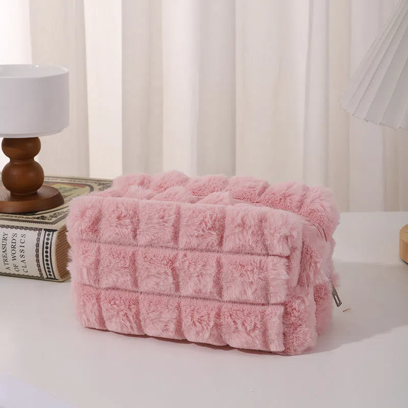 DIY plush Maillard-style student pencil case in beige colour with soft exterior