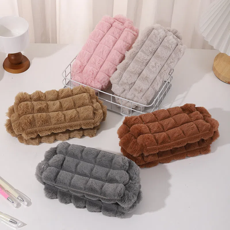 DIY plush Maillard-style student pencil case in beige colour with soft exterior