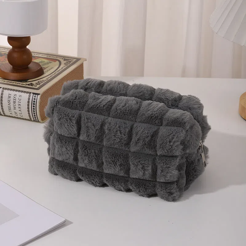 DIY plush Maillard-style student pencil case in beige colour with soft exterior