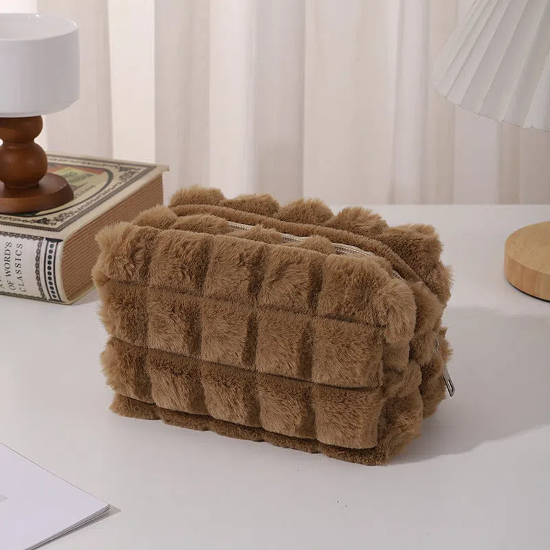 DIY plush Maillard-style student pencil case in beige colour with soft exterior