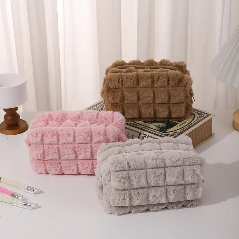DIY plush Maillard-style student pencil case in beige colour with soft exterior