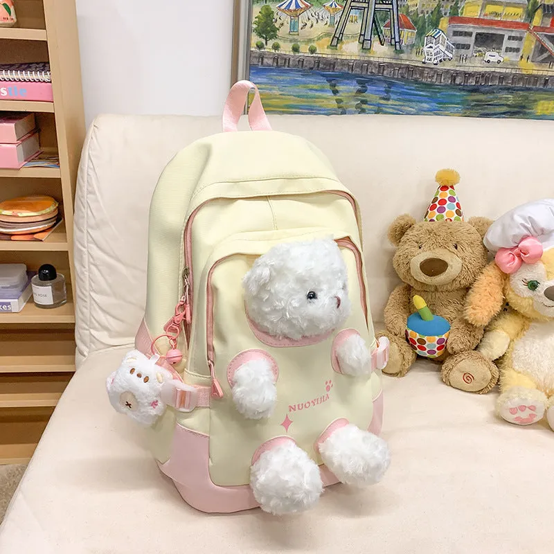 Nylon school backpack in macaron colours with curved shoulder straps and 20-35L capacity