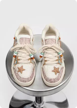 High-end platform sneakers with star pattern in pink, lace-up fabric upper, sizes 36-44