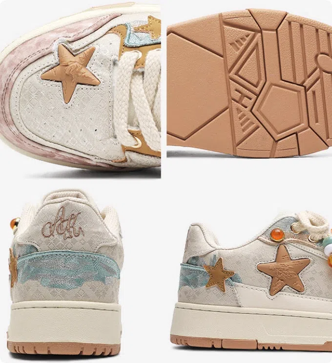 High-end platform sneakers with star pattern in pink, lace-up fabric upper, sizes 36-44