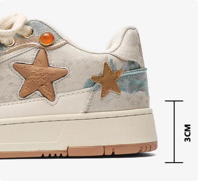 High-end platform sneakers with star pattern in pink, lace-up fabric upper, sizes 36-44