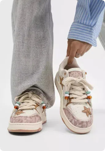High-end platform sneakers with star pattern in pink, lace-up fabric upper, sizes 36-44