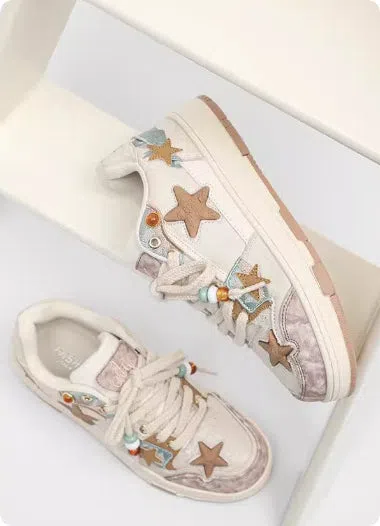 High-end platform sneakers with star pattern in pink, lace-up fabric upper, sizes 36-44