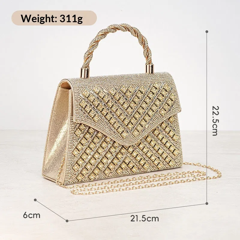 European retro handbag with diamond inlay in TW280 gold colour hard shell polyester crossbody bag