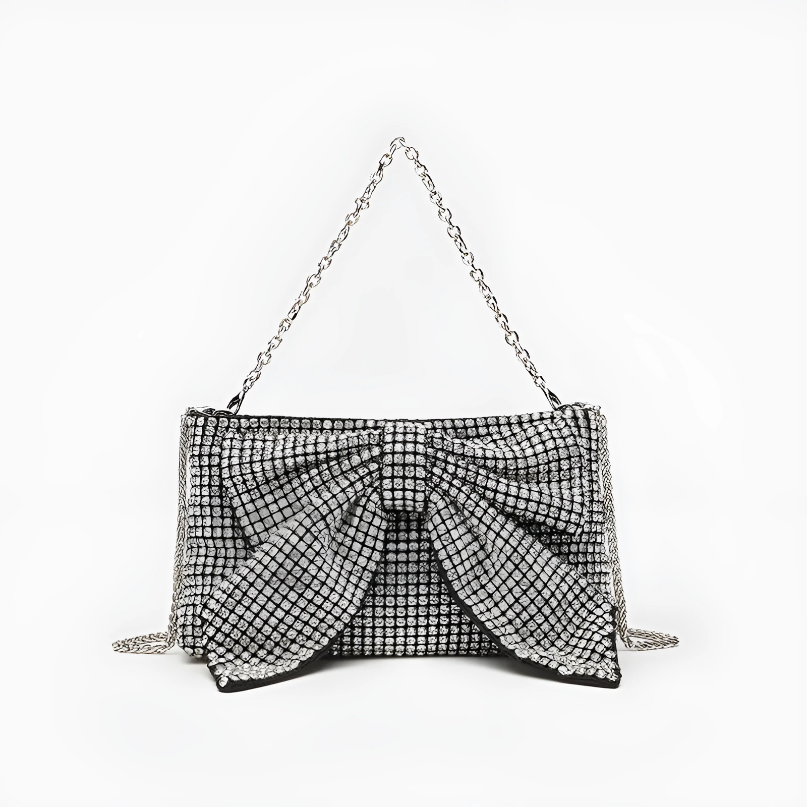 Fashion evening banquet full crystal rhinestone single shoulder chain crossbody bag bow shape polyester silver colour