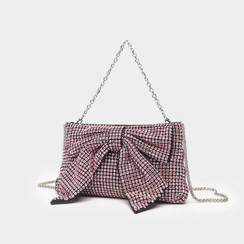 Fashion evening banquet full crystal rhinestone single shoulder chain crossbody bag bow shape polyester silver colour