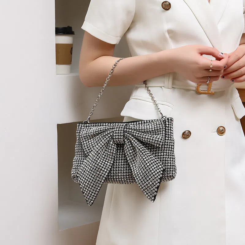 Fashion evening banquet full crystal rhinestone single shoulder chain crossbody bag bow shape polyester silver colour