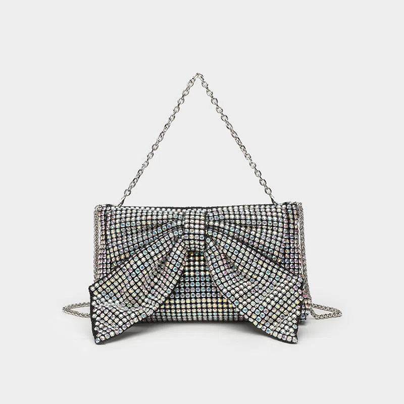 Fashion evening banquet full crystal rhinestone single shoulder chain crossbody bag bow shape polyester silver colour