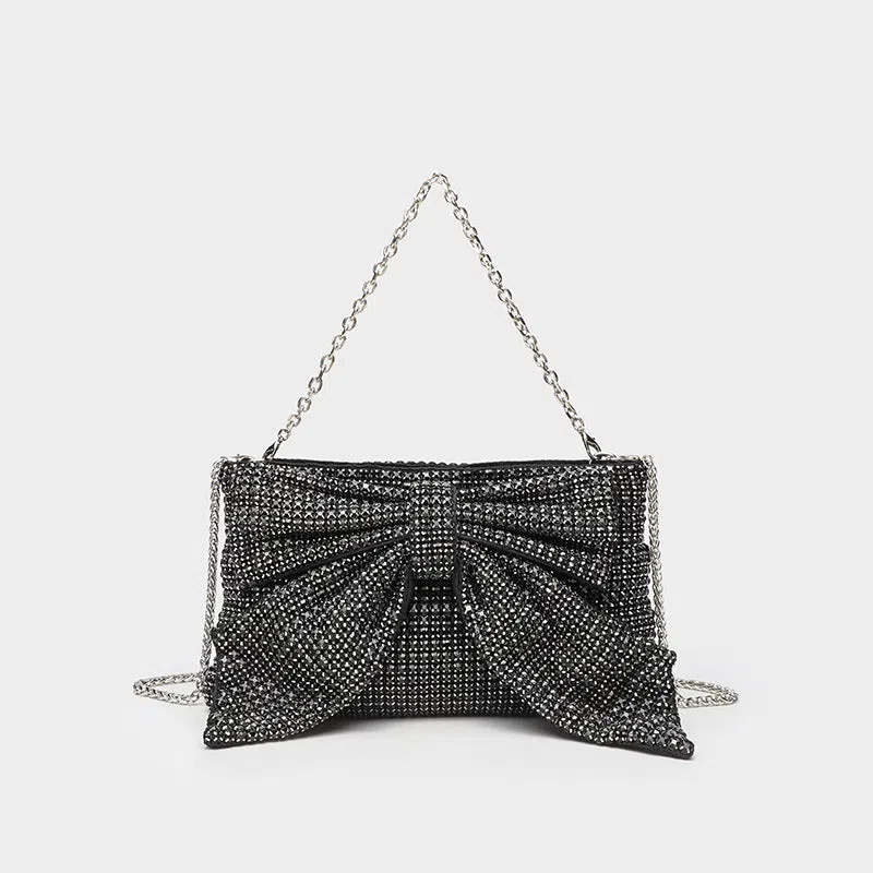 Fashion evening banquet full crystal rhinestone single shoulder chain crossbody bag bow shape polyester silver colour