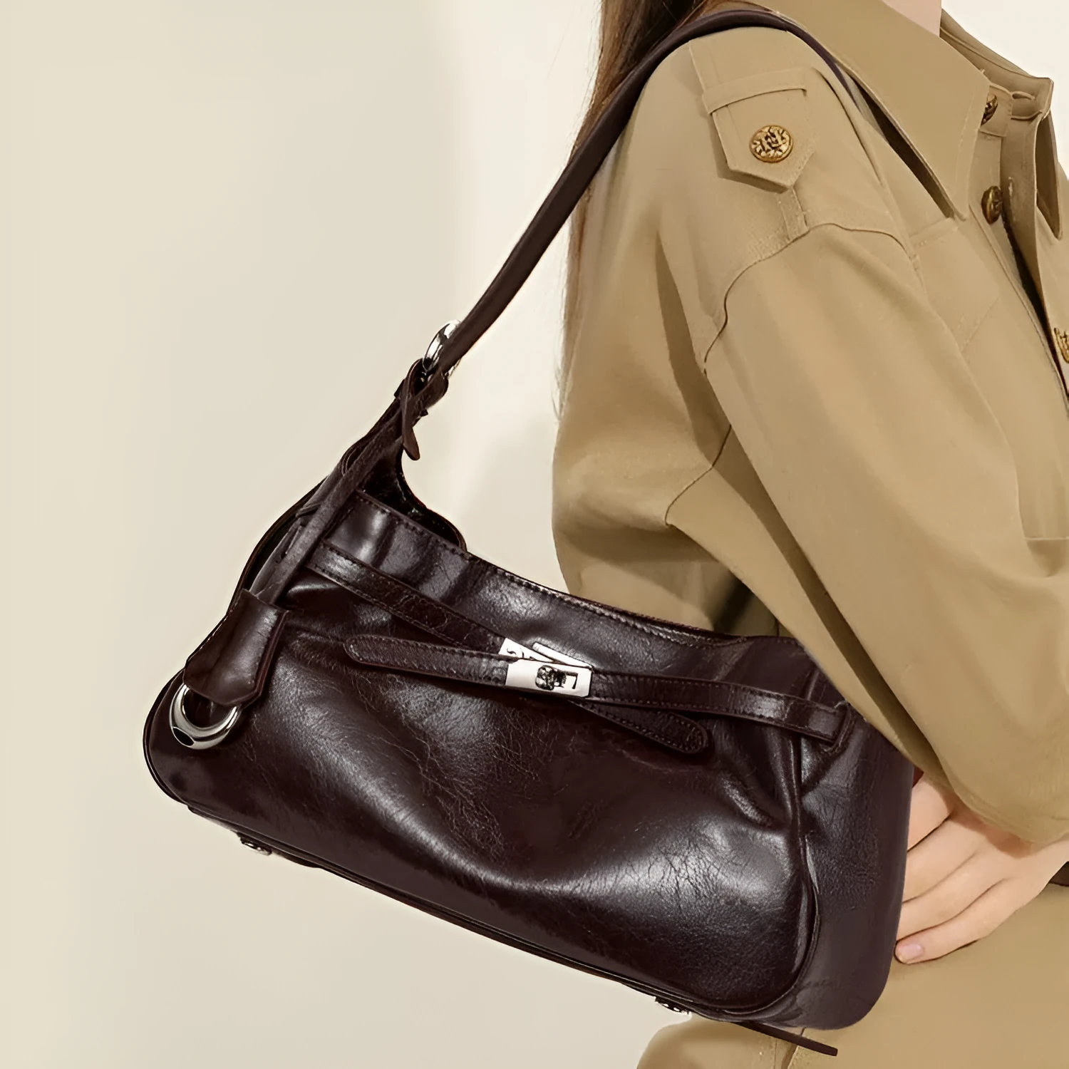 Genuine leather horizontal square crossbody bag with stitching and inner zippered compartment in brown