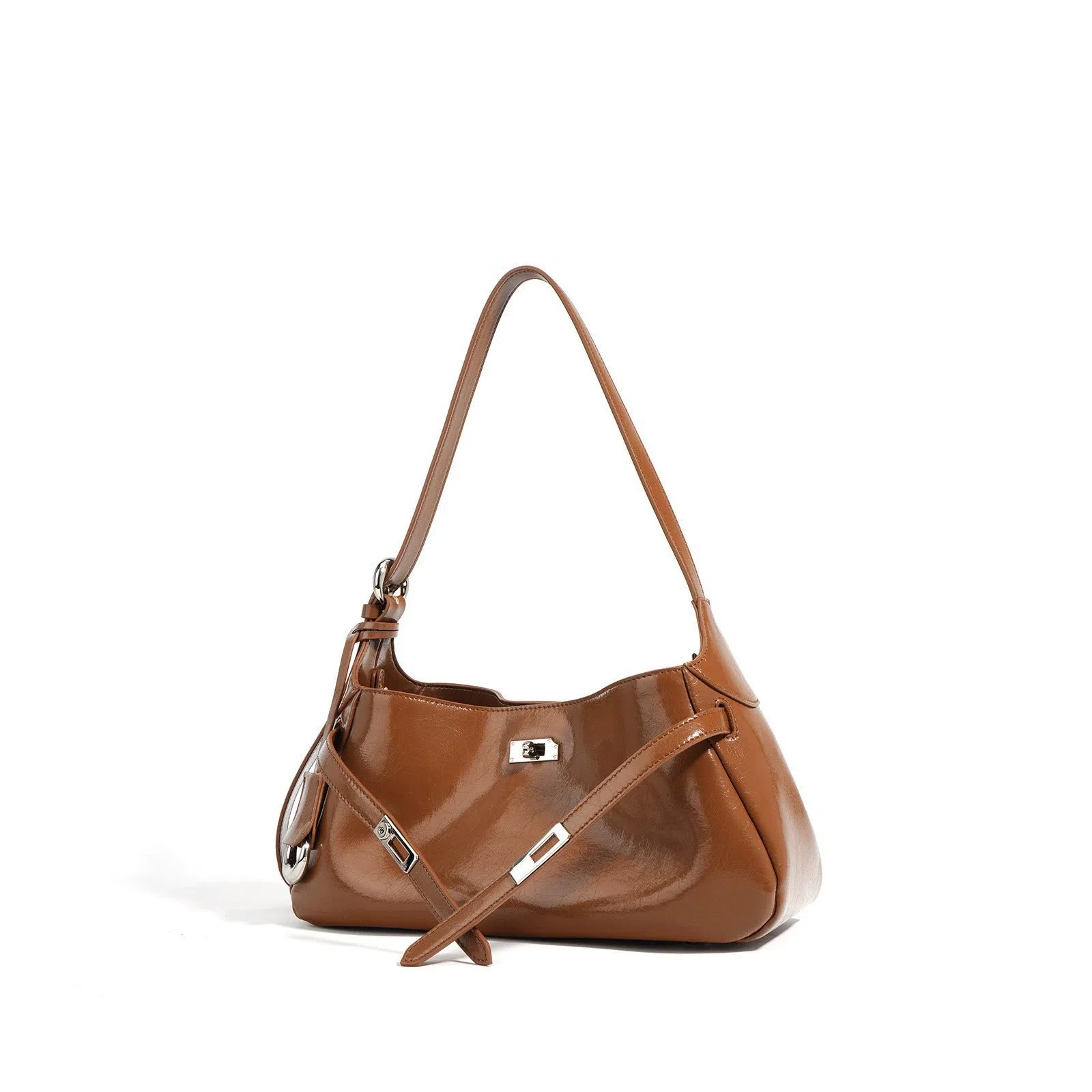 Genuine leather horizontal square crossbody bag with stitching and inner zippered compartment in brown