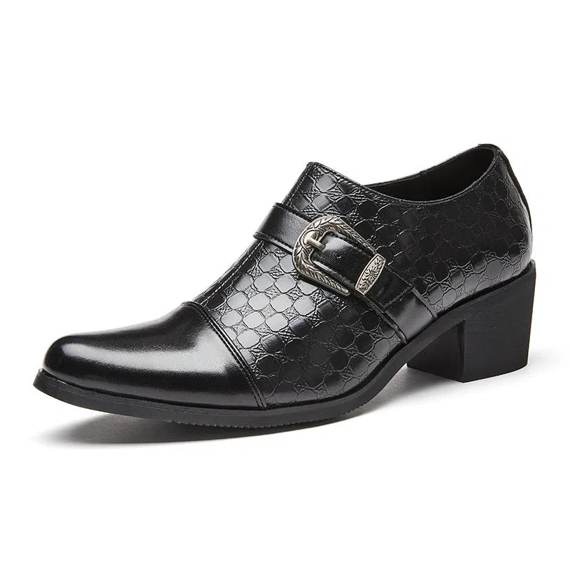 Men's black snakeskin Cuban leather lace-up casual shoes with rubber sole and round toe