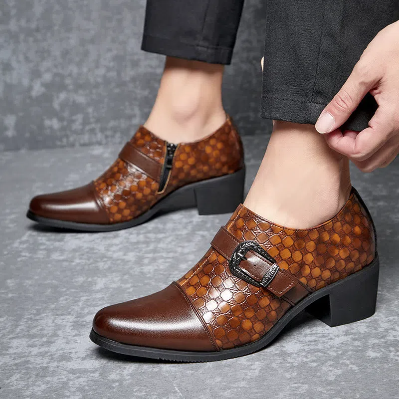 Men's black snakeskin Cuban leather lace-up casual shoes with rubber sole and round toe