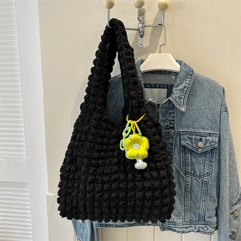 Women's pleated bubble shoulder bag in vertical square shape with pendant accessory