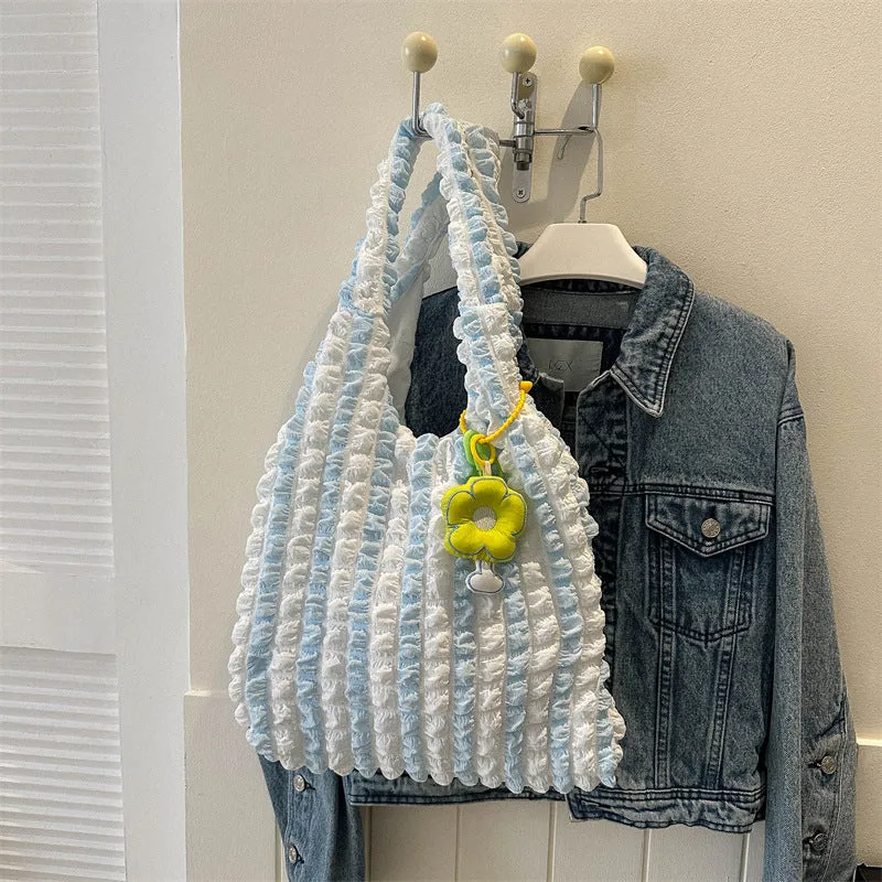 Women's pleated bubble shoulder bag in vertical square shape with pendant accessory