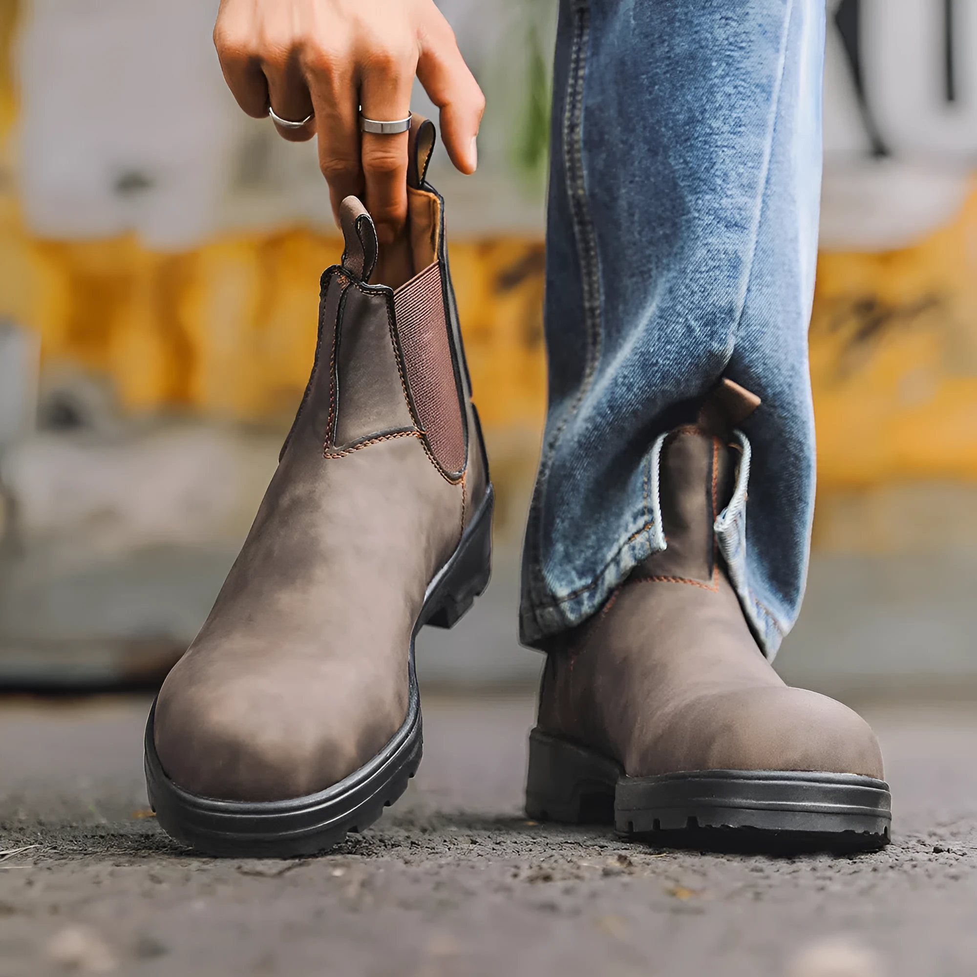 Chelsea boots in black with low wedge heel, round toe, and mid-calf shaft on a neutral background