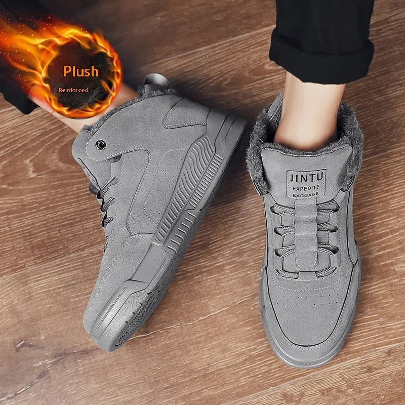 Winter warm men's suede snow boots in black, lace-up design, flat heel, outdoor walking footwear