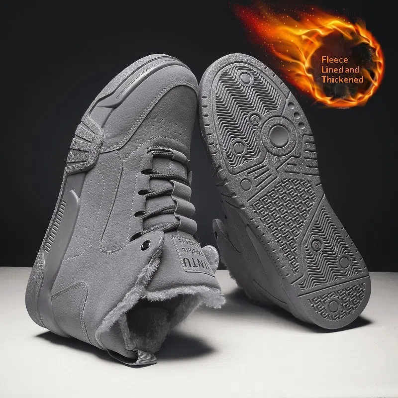Winter warm men's suede snow boots in black, lace-up design, flat heel, outdoor walking footwear