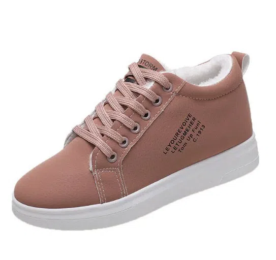Women's fleece-lined lace-up casual sneakers with round toe, rubber sole, and artificial PU upper in black