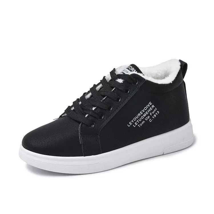 Women's fleece-lined lace-up casual sneakers with round toe, rubber sole, and artificial PU upper in black