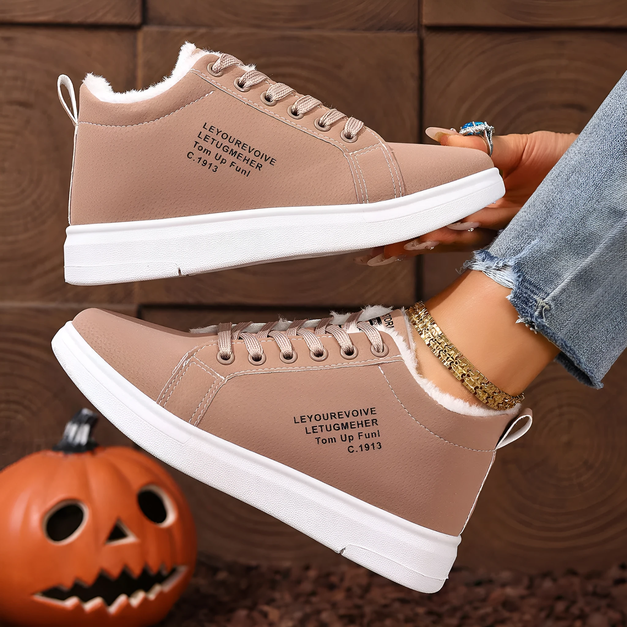 Women's fleece-lined lace-up casual sneakers with round toe, rubber sole, and artificial PU upper in black