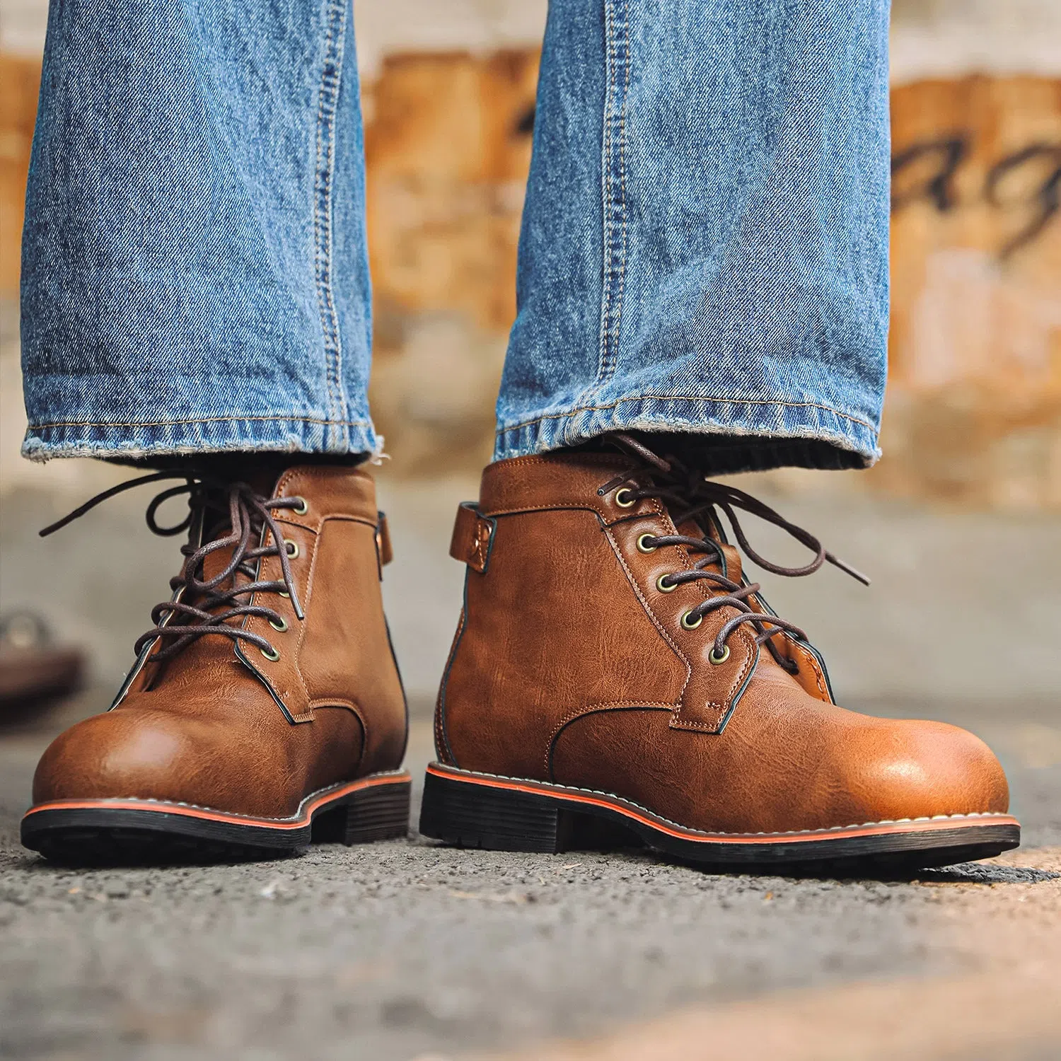 Men's retro western boots with round toe, horseshoe heel, and slide-on entry in black and brown