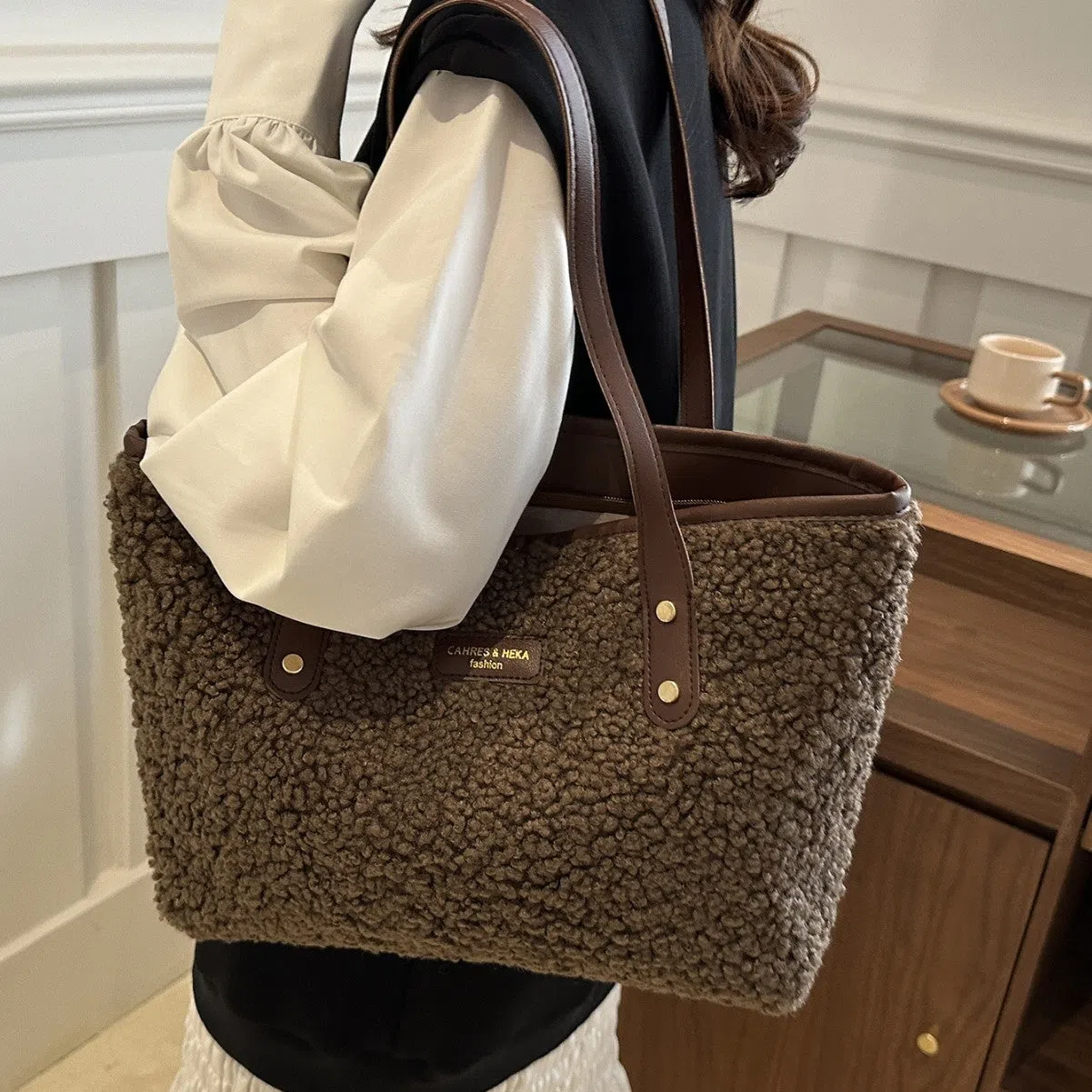 Cotton colour block bucket bag with phone pocket in beige colour option