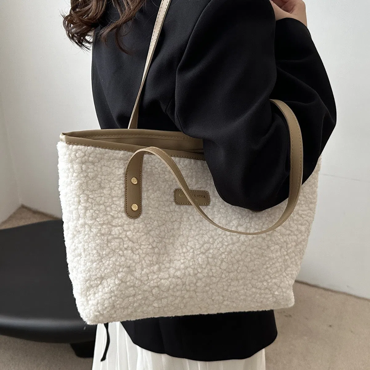 Cotton colour block bucket bag with phone pocket in beige colour option