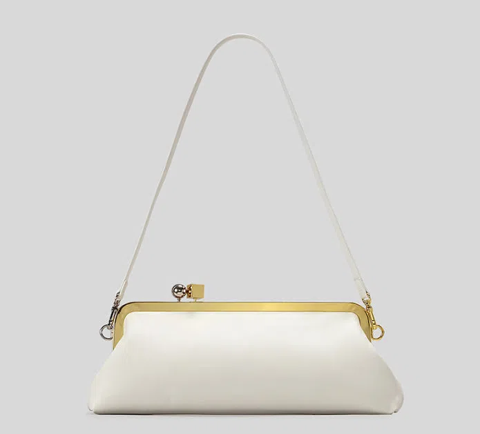 Mirror Baguette PU leather horizontal square clip bag with spherical metal block detail in black