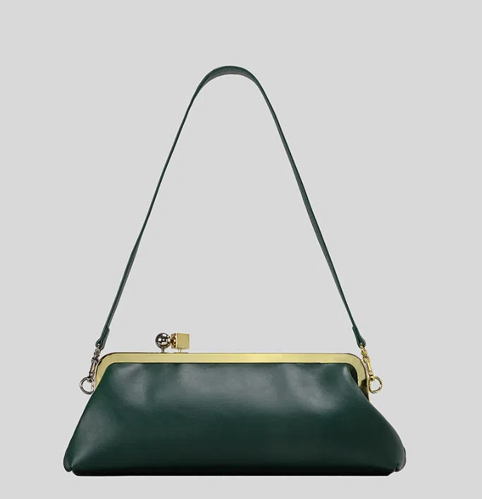 Mirror Baguette PU leather horizontal square clip bag with spherical metal block detail in black