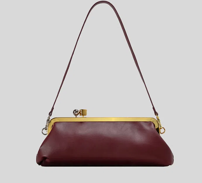 Mirror Baguette PU leather horizontal square clip bag with spherical metal block detail in black