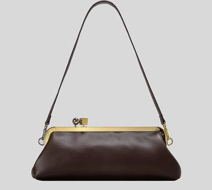 Mirror Baguette PU leather horizontal square clip bag with spherical metal block detail in black