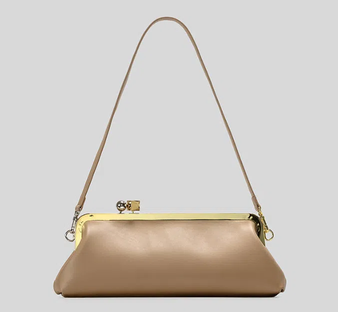 Mirror Baguette PU leather horizontal square clip bag with spherical metal block detail in black