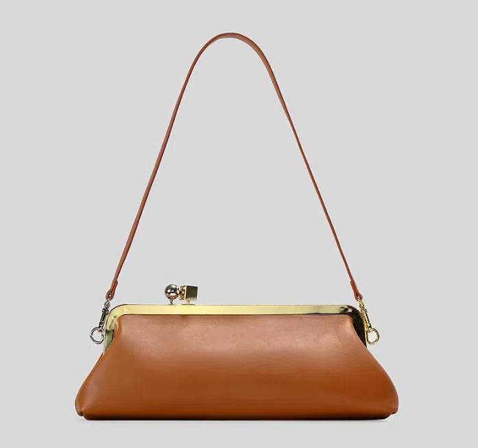 Mirror Baguette PU leather horizontal square clip bag with spherical metal block detail in black