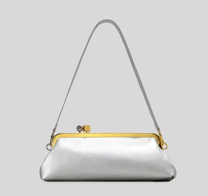 Mirror Baguette PU leather horizontal square clip bag with spherical metal block detail in black