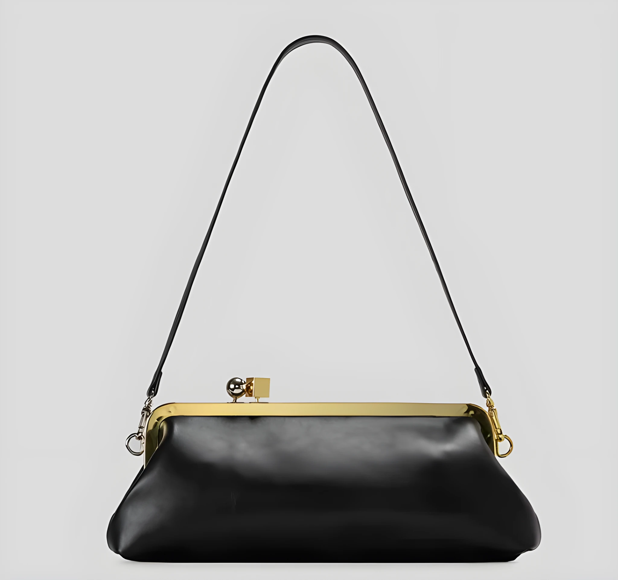 Mirror Baguette PU leather horizontal square clip bag with spherical metal block detail in black