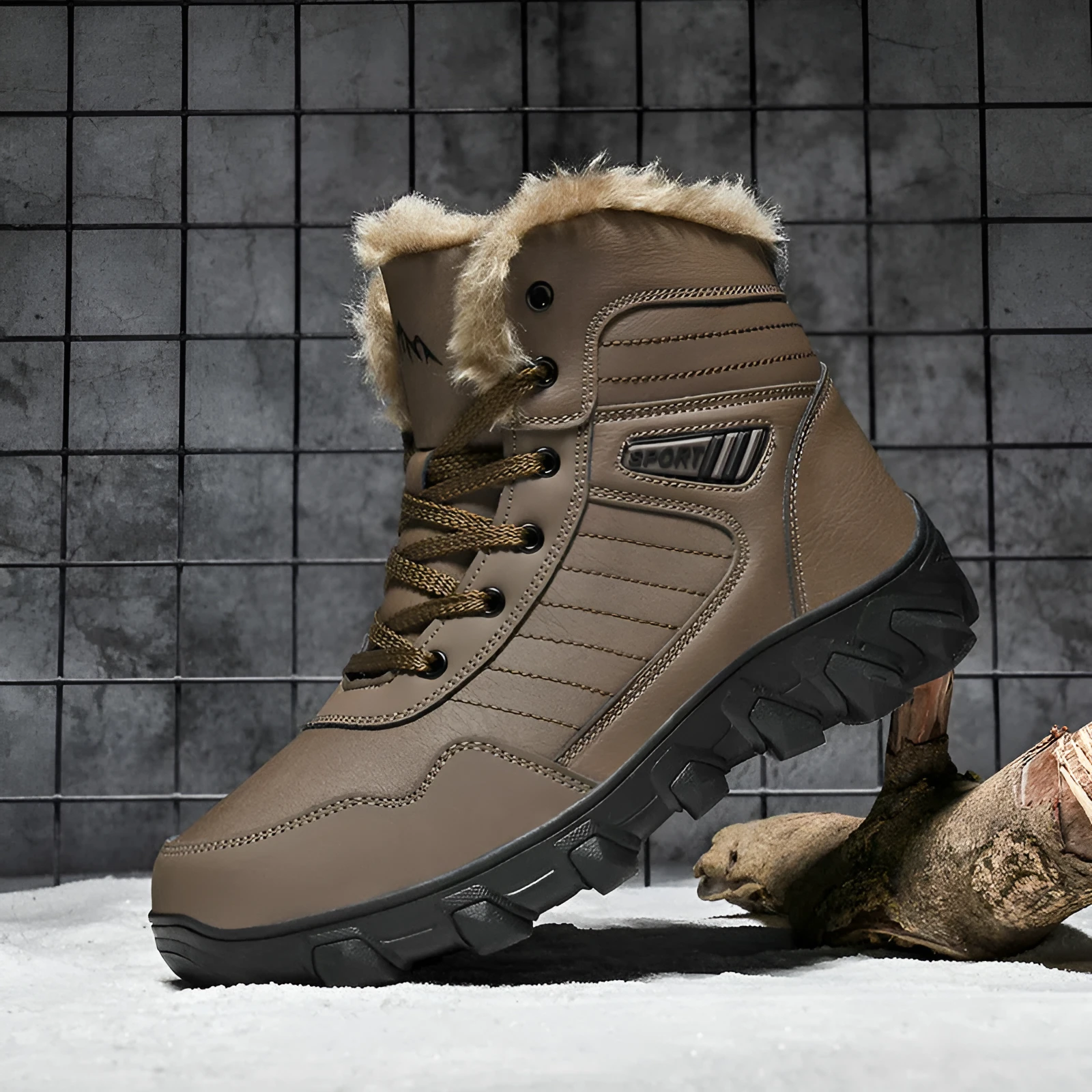 Men's fleece-lined snow boots in black with artificial PU upper and flat heel