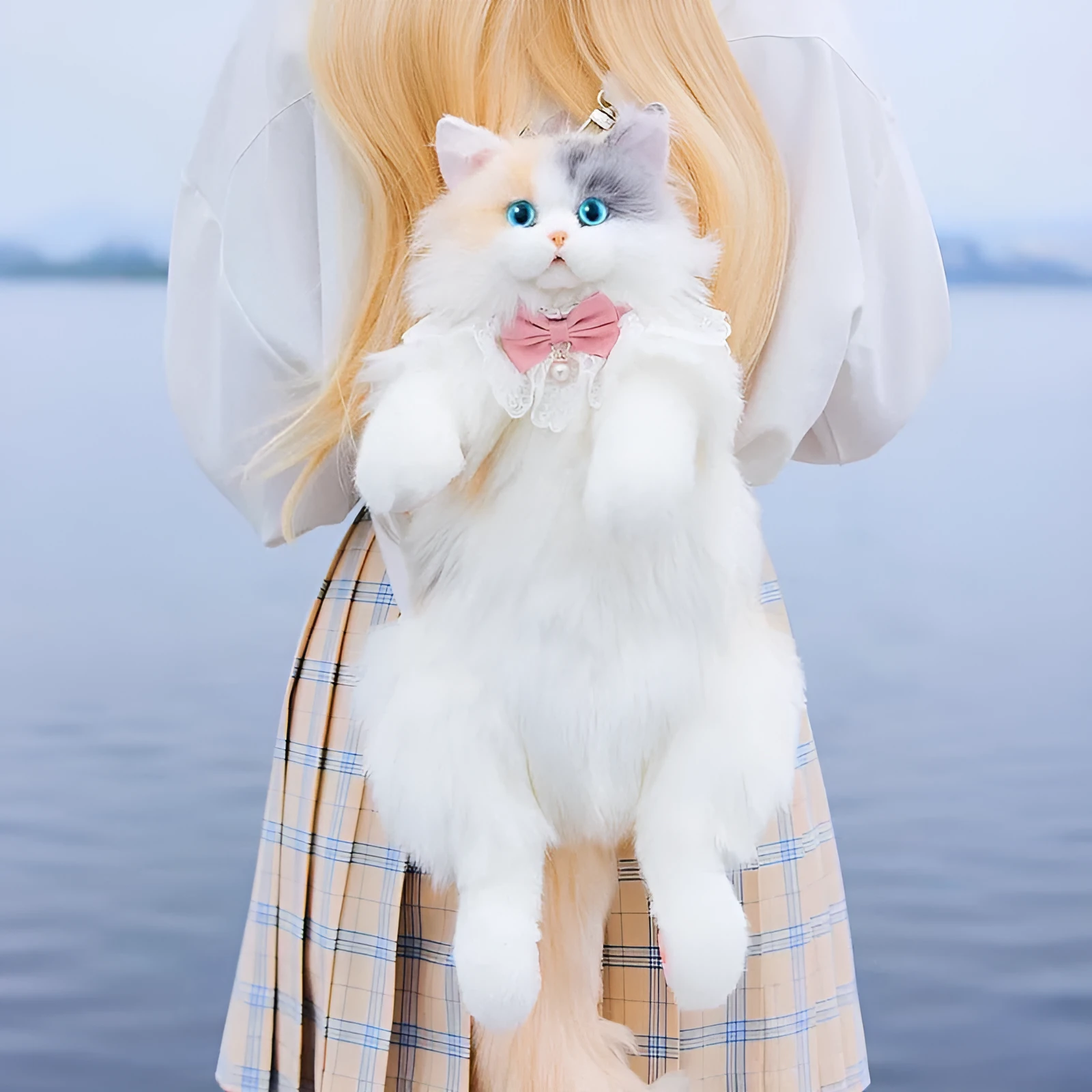Simulation calico cat backpack plush with lace bell collar, front view, soft plush material
