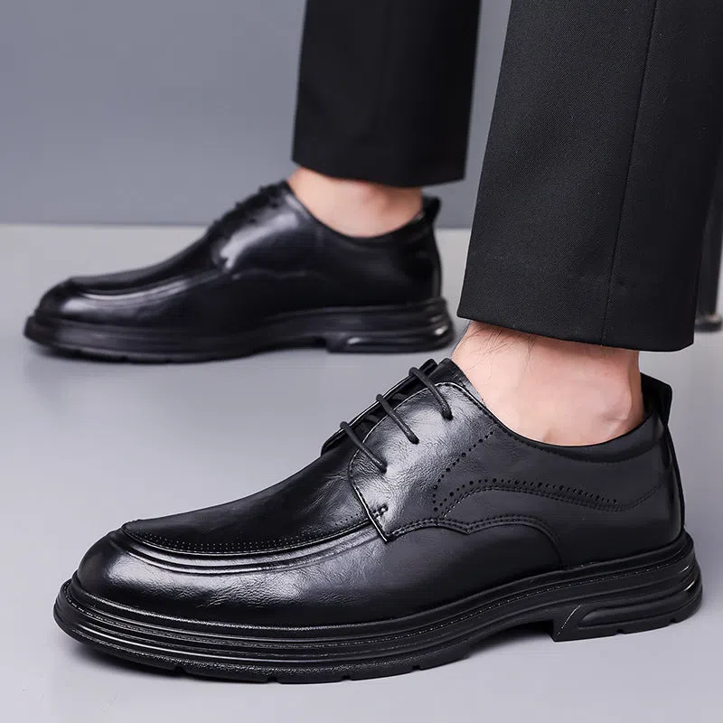 Men's brown cowhide leather lace-up formal shoes, round toe, rubber sole, low top, size 37-45