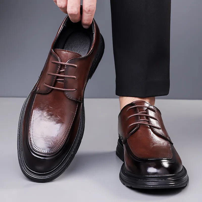 Men's brown cowhide leather lace-up formal shoes, round toe, rubber sole, low top, size 37-45